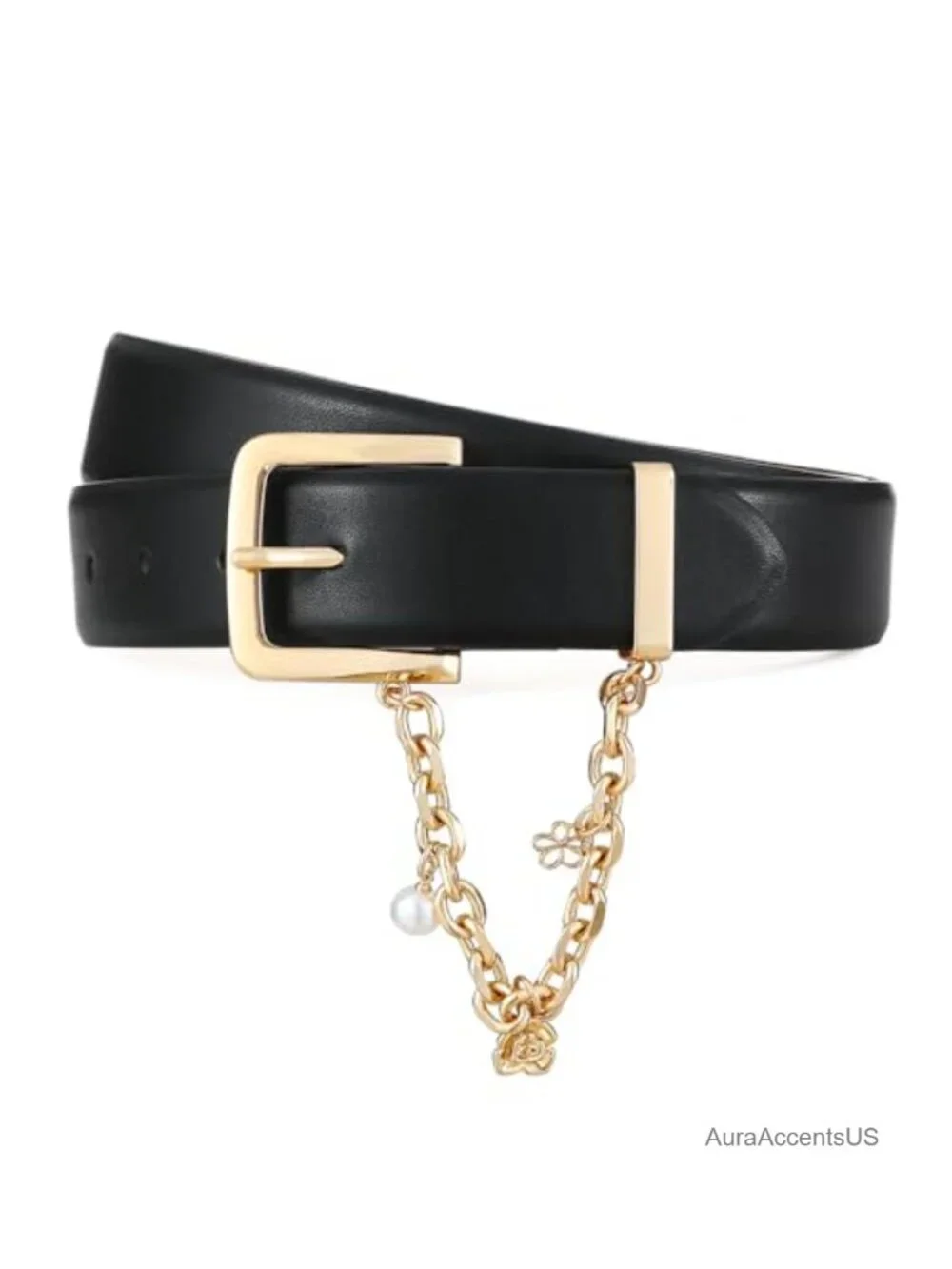 Faux Leather Belt with Gold Buckle and Chain for Women